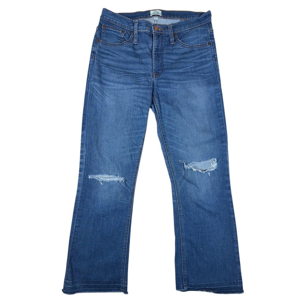 J.Crew‎ Billie Demi Boot Crop Jeans Women 29 Blue Good Distressed Raw Hem Flare